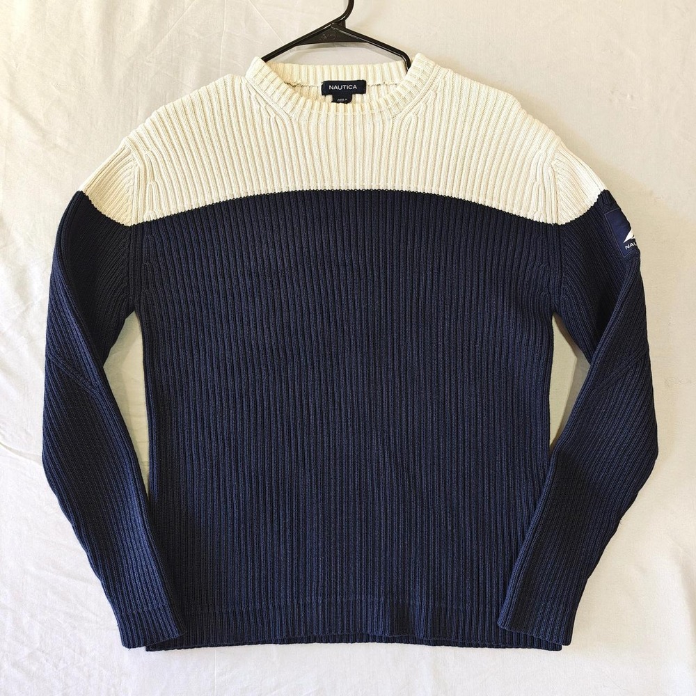 Nautica Vintage Y2K Colorblock Ribbed Knit Sweater Navy Cream Mens Medium
